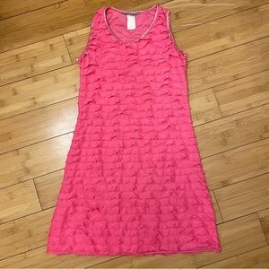 Julie’s Closet girl’s pink tank ruffled dress, satin trim at collar and sleeves.